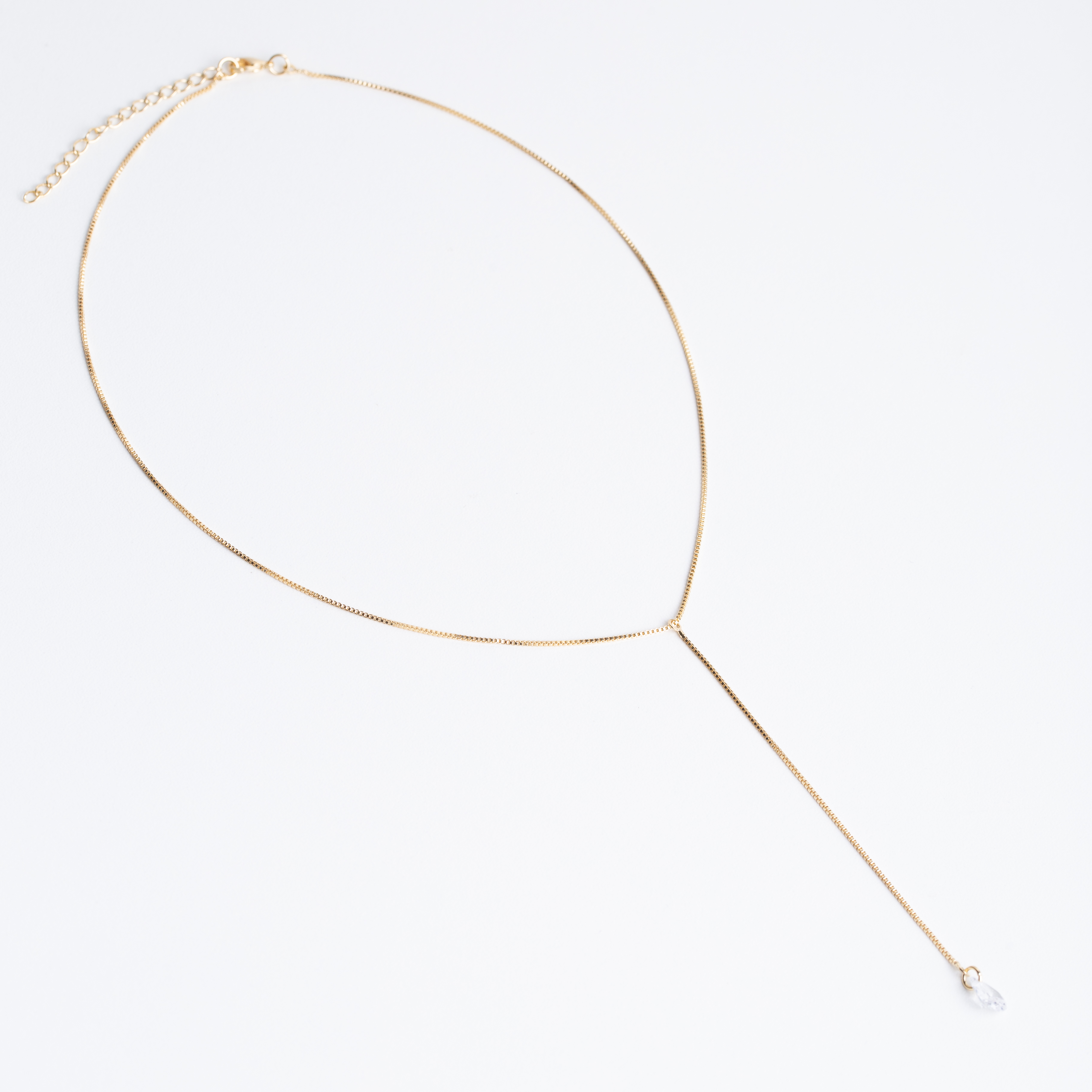 21046 Gold Lariat Mini Box Chain and Crystal Drop
